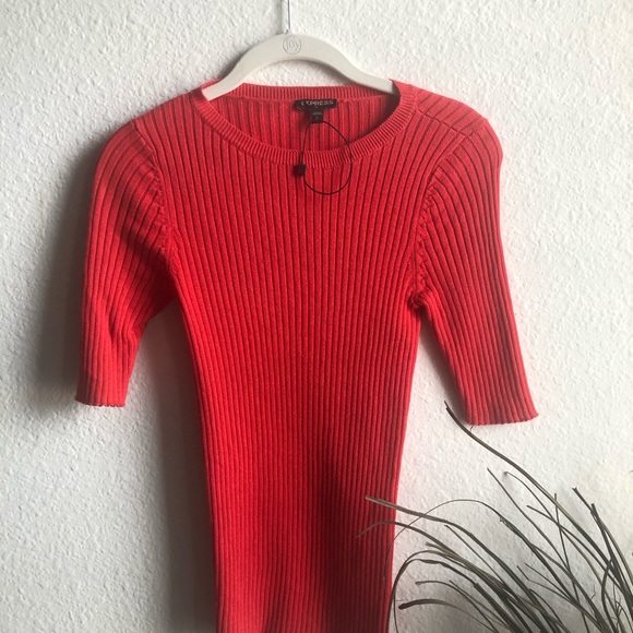 Ribbed salmon orange red 3/4 sleeve sweater blouse - Picture 5 of 7